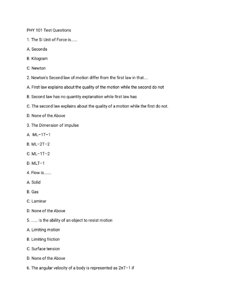 PHY 101 Test C.C-2-1 | PDF