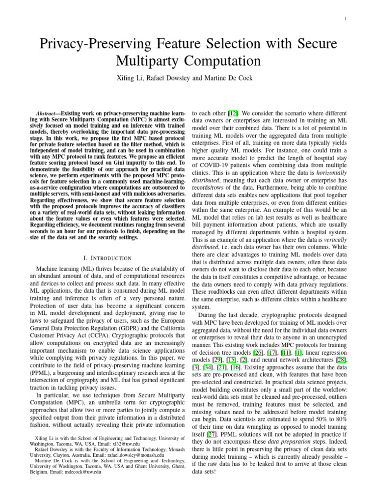Privacy-Preserving Feature Selection With Secure Multiparty Computation ...