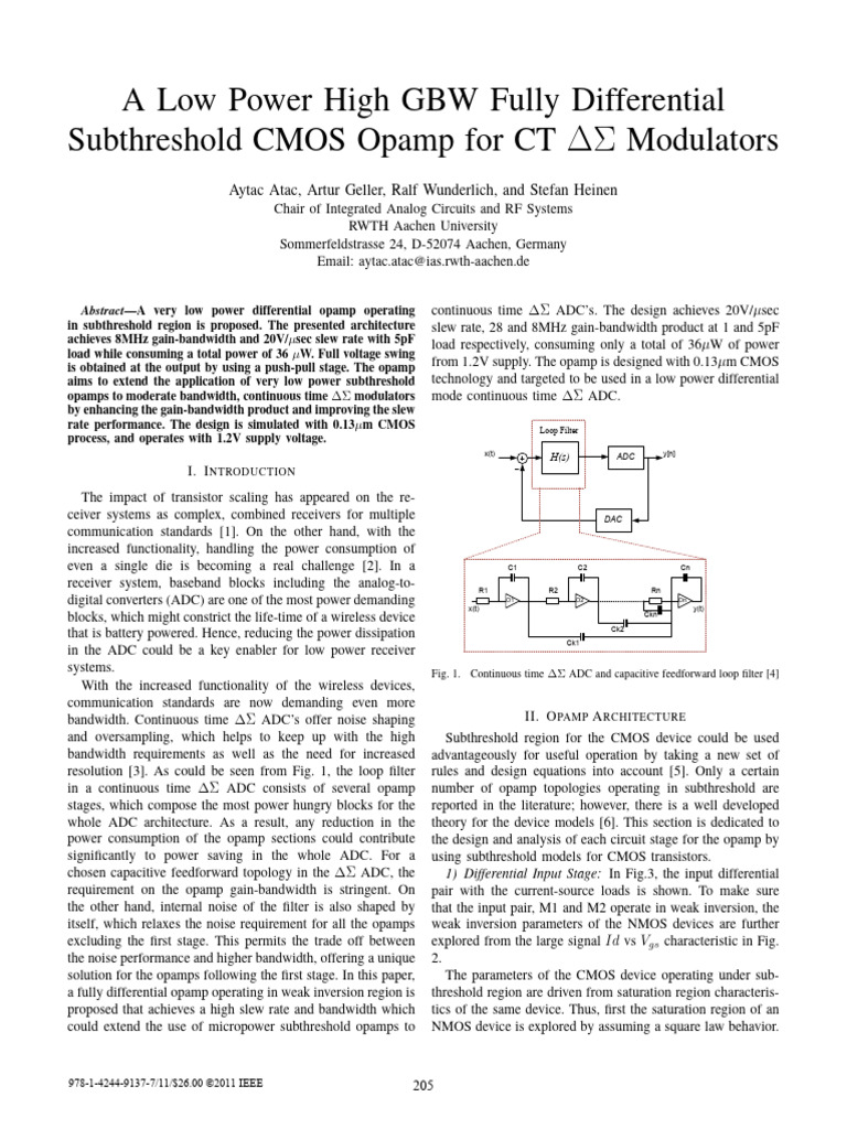 A Low Power High GBW Fully Differential Subthreshold CMOS Opamp For CT ...