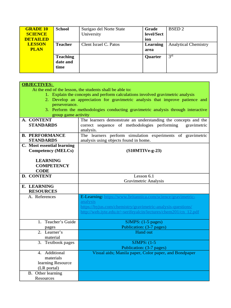 Grade 10 Gravimetric Analysis Lesson Plan | PDF | Mole (Unit) | Chemistry