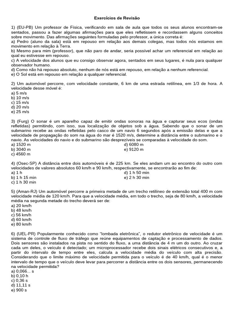 Exercícios de Física sobre Movimento e Velocidade | PDF | Som | Velocidade