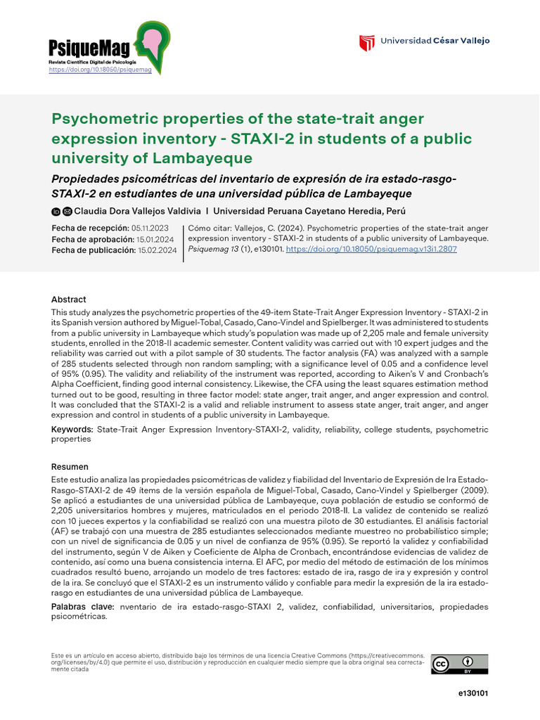 STAXI-2 Psychometric Analysis in Students | PDF | Psychometrics ...