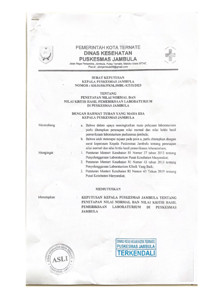 3.9.1.2 SK Penetapan Nilai Normal Dan Nilai Kritis | PDF