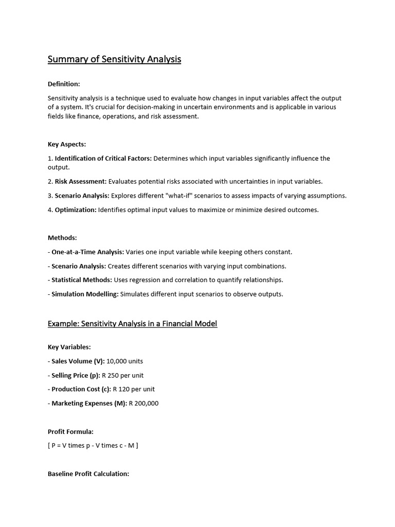 Summary of Sensitivity Analysis | PDF