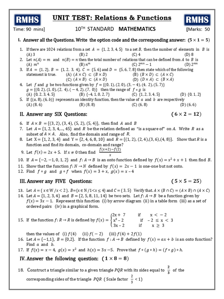 Unit Test on Relations & Functions | PDF | Function (Mathematics ...