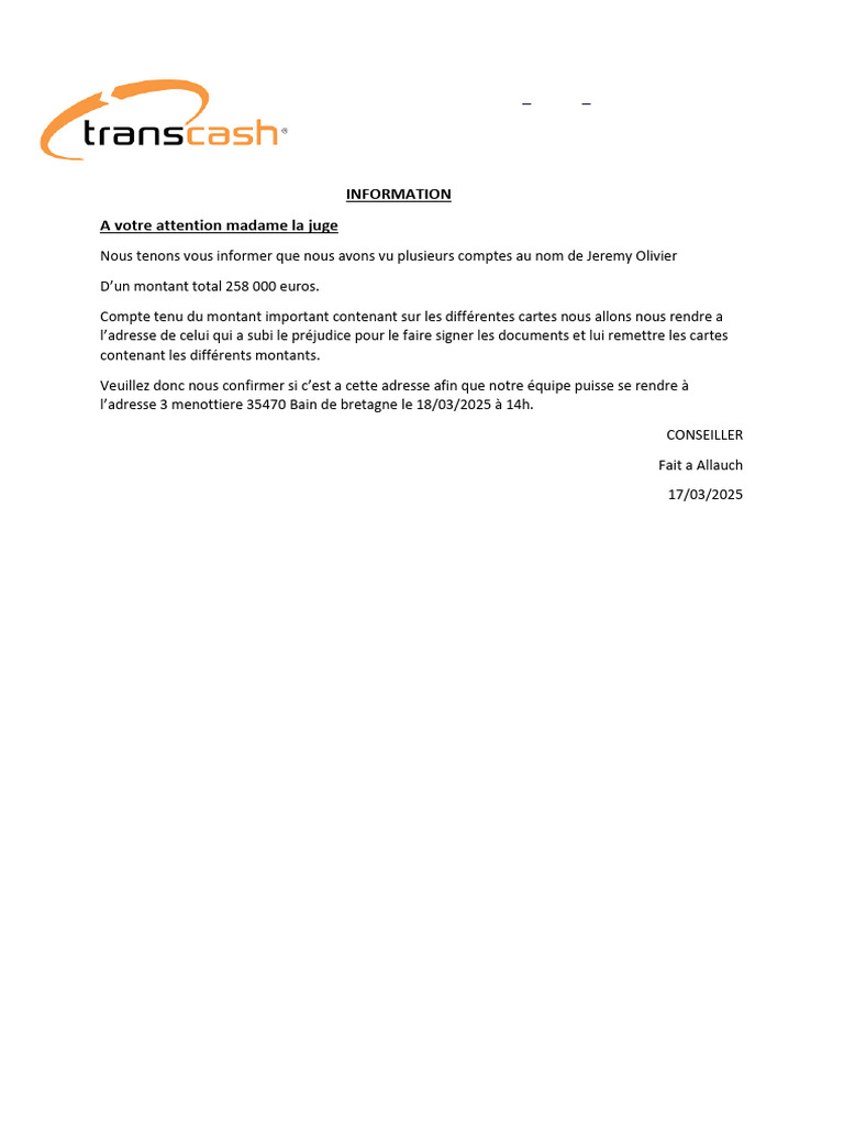 Confirmation de remise de cartes Transcash | PDF
