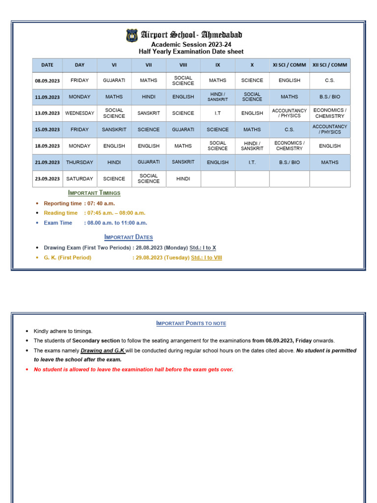 VI XII Half Yearly Exam Date Sheet 2023 24 | PDF