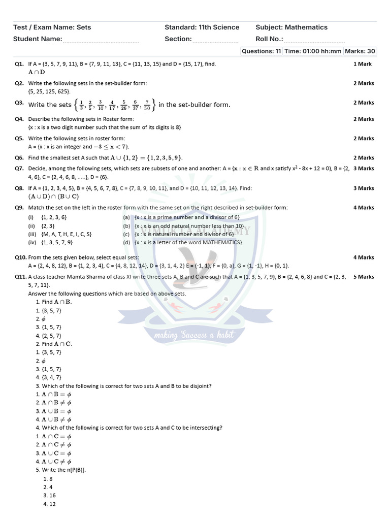 Sets Test for 11th Science Students | PDF | Qualifications