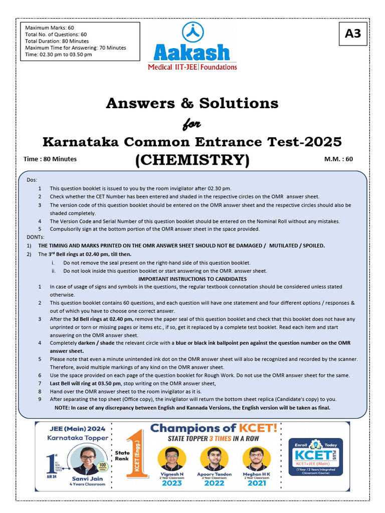 KCET 2025 Chemistry Answer Key | PDF | Coordination Complex | Amine