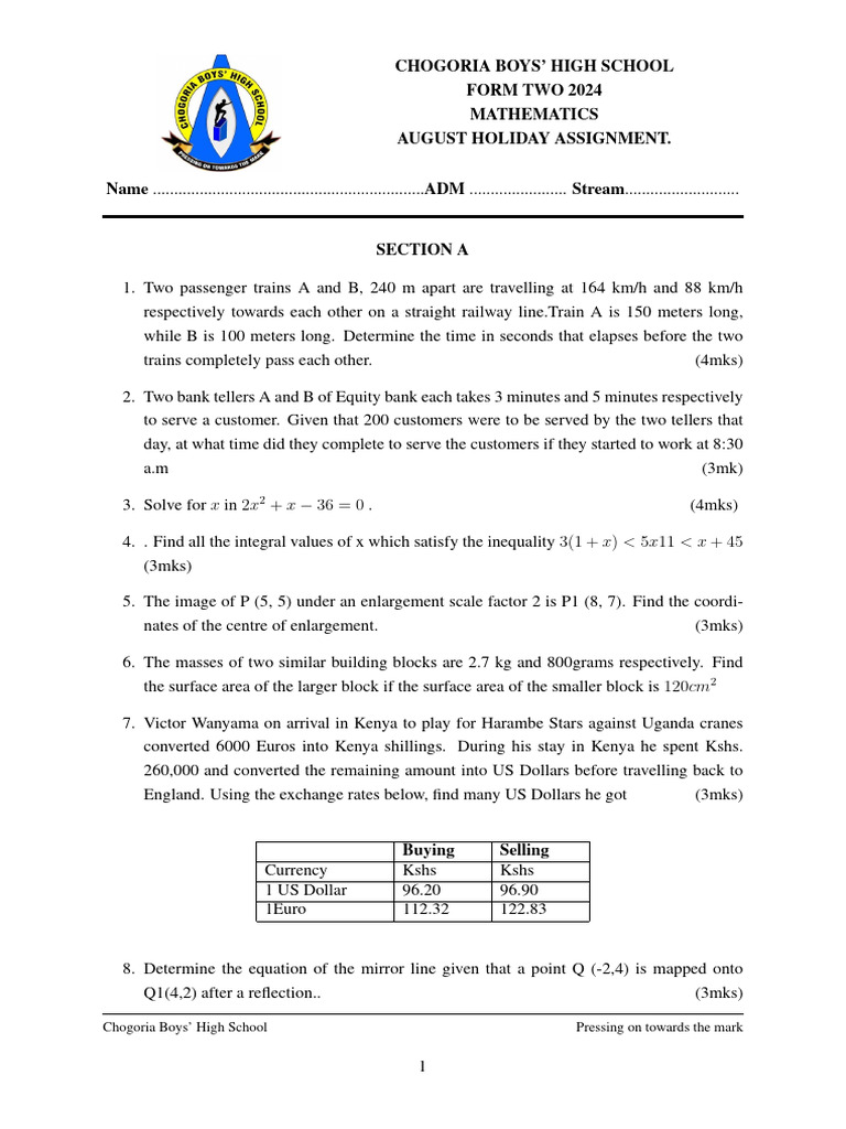 Form 2 August Holiday Math Assignment | PDF | Mathematics ...