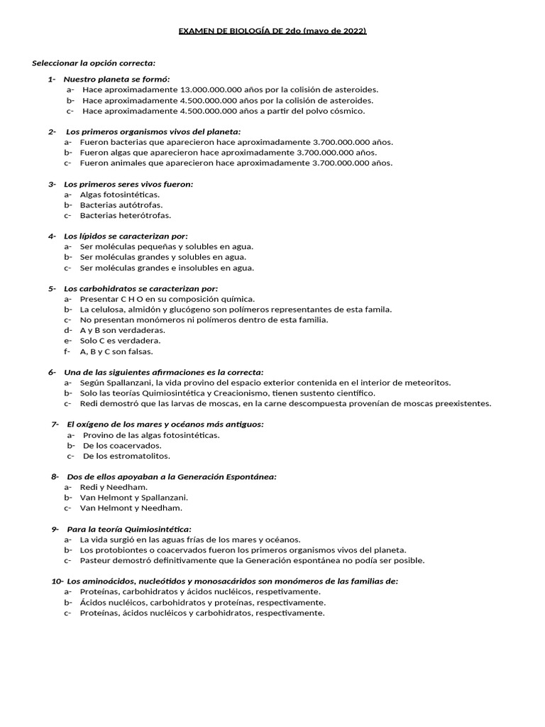 EXAMEN DE BIOLOGÍA DE 2do, Mayo de 2022 | PDF | Organismos | Carbohidratos