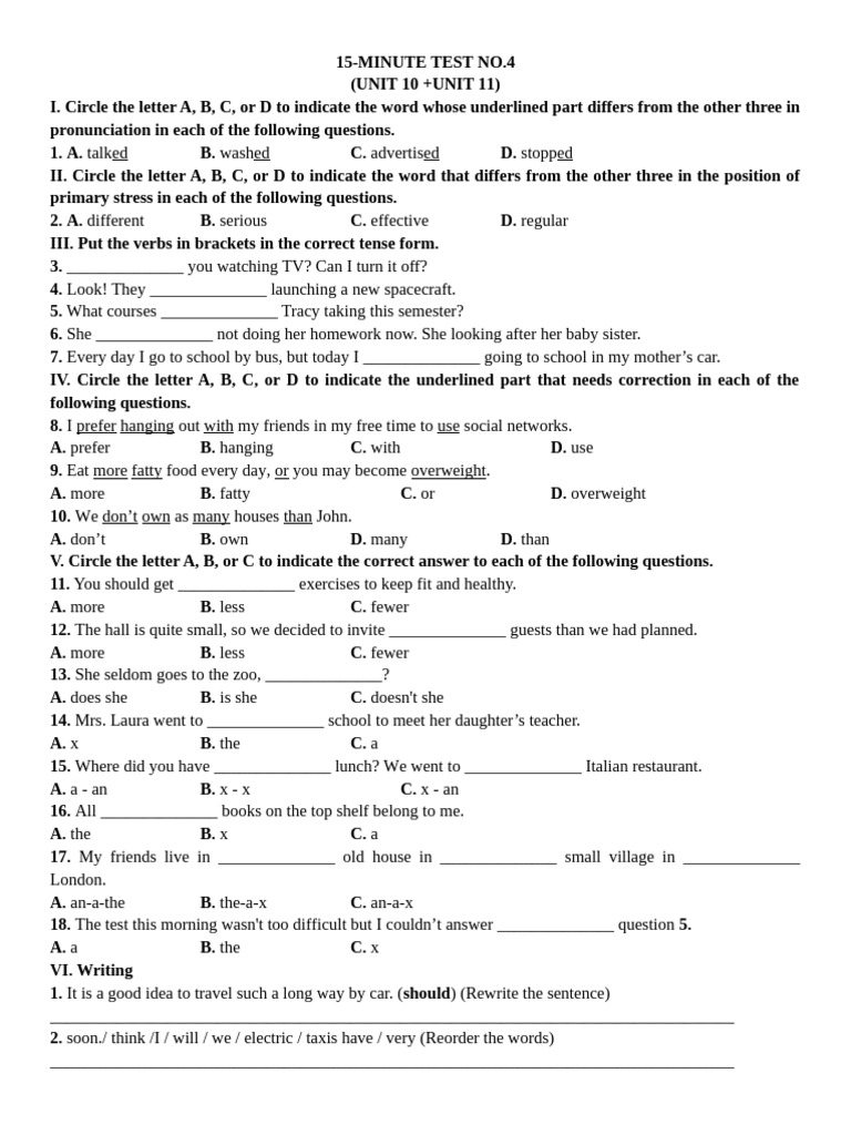 15-Minute English Test: Units 10 & 11 | PDF | Language Mechanics ...