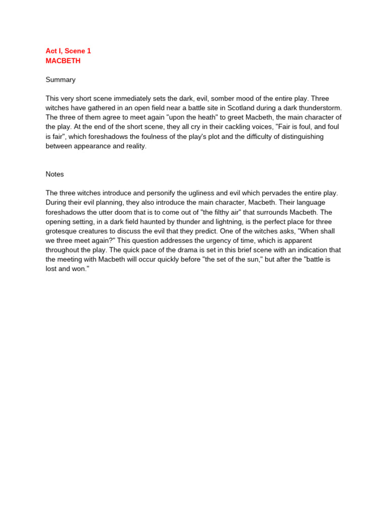 Macbeth Act 1 Scene 1 Summary | PDF