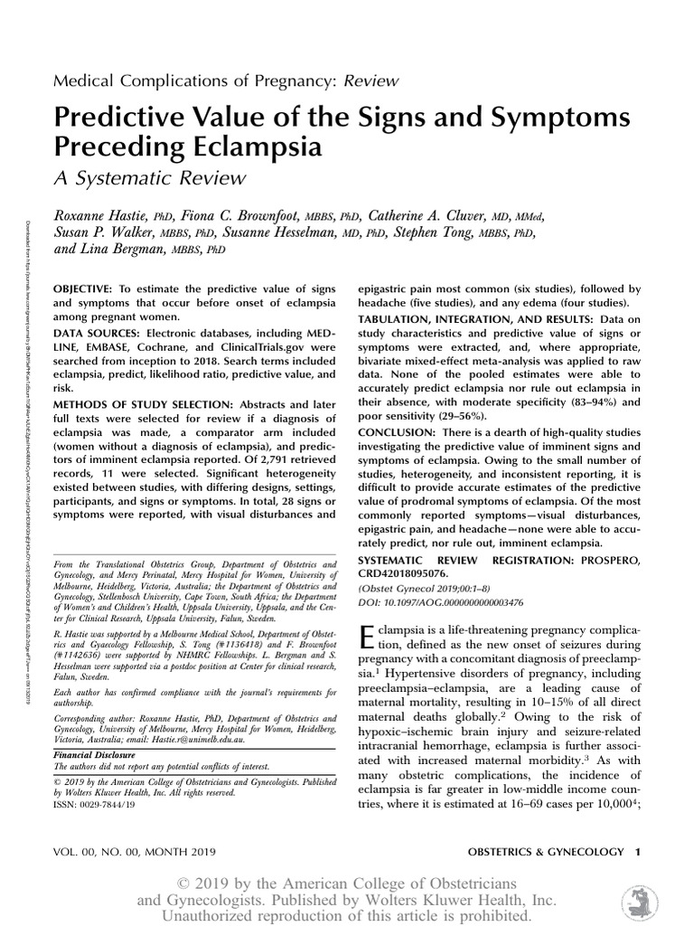 Predictive Value of The Signs and Symptoms Preceding Eclampsia | PDF ...