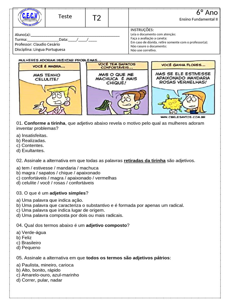 Avaliação de Adjetivos para 6º Ano | PDF