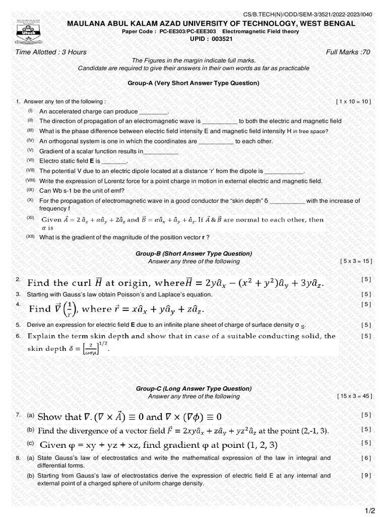 Electromagnetic Field Theory Exam Paper | PDF | Magnetic Field ...