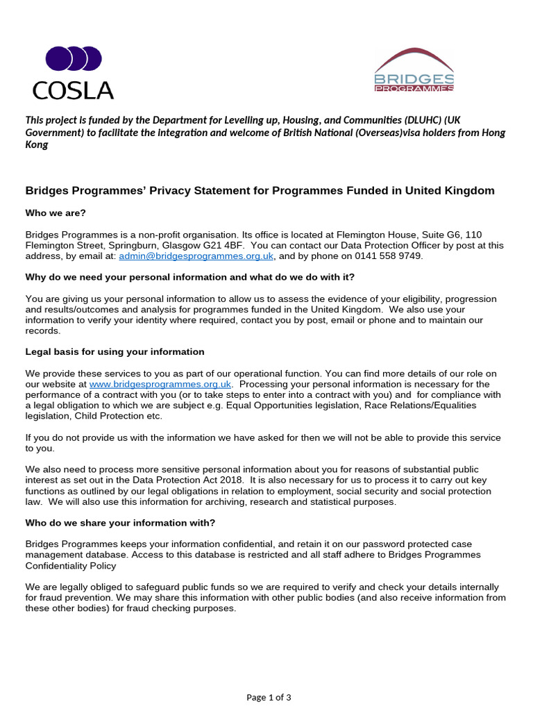 5 - Bridges Programmes Privacy Statement HK Project | PDF | Information ...