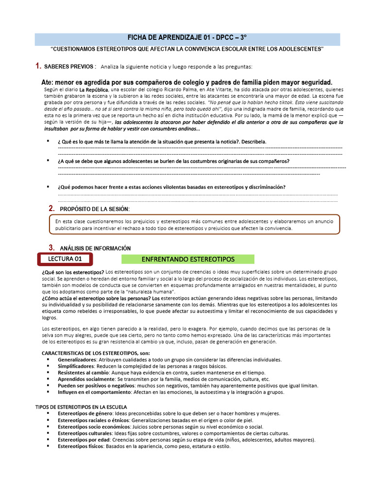 FICHA DE APRENDIZAJE 3ero DPCC | PDF | Estereotipos | Prejuicios