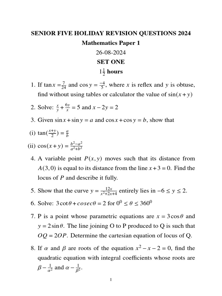 Senior Five Math Revision Questions 2024 | PDF