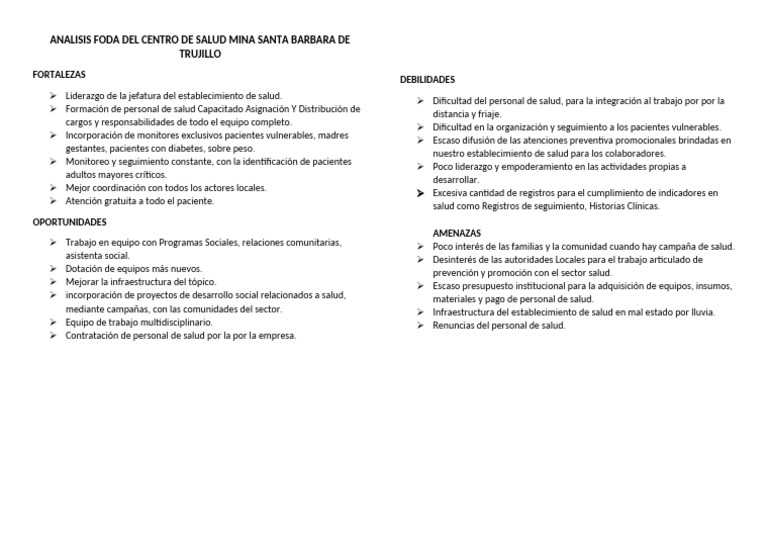 FODA del Centro de Salud Mina Santa Bárbara | PDF