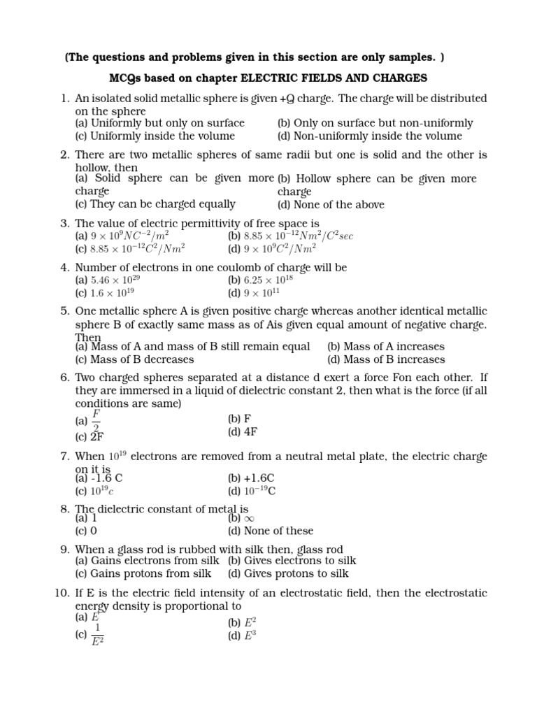 Electric Fields and Charges MCQs Guide | PDF | Electric Field ...