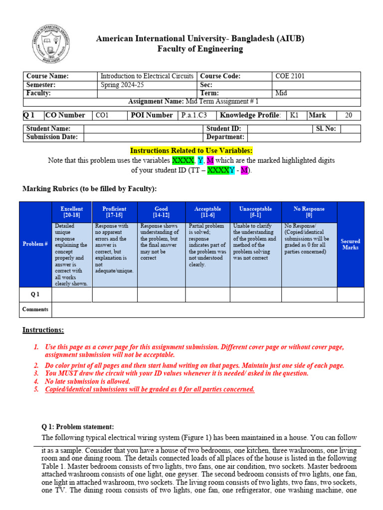 AIUB Electrical Circuits Midterm Assignment | PDF | Electricity ...
