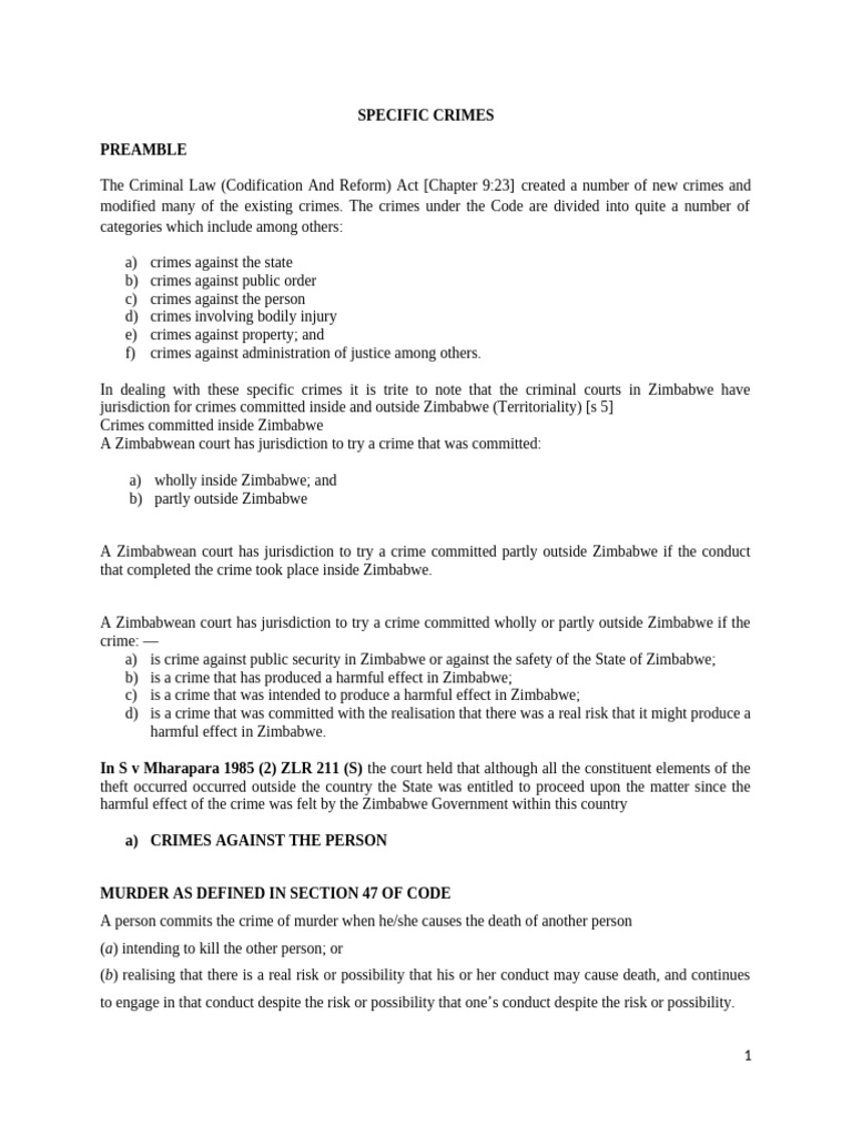 Types of Crimes in Zimbabwe | PDF | Assault | Rape