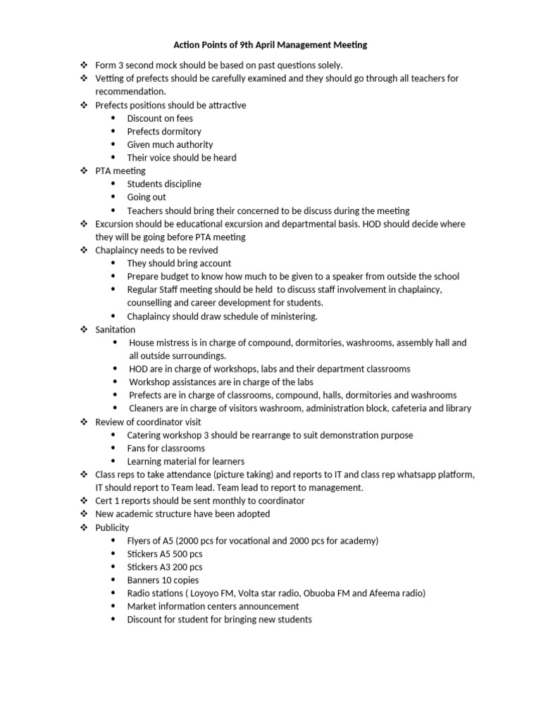 Action Points from April Management Meeting | PDF
