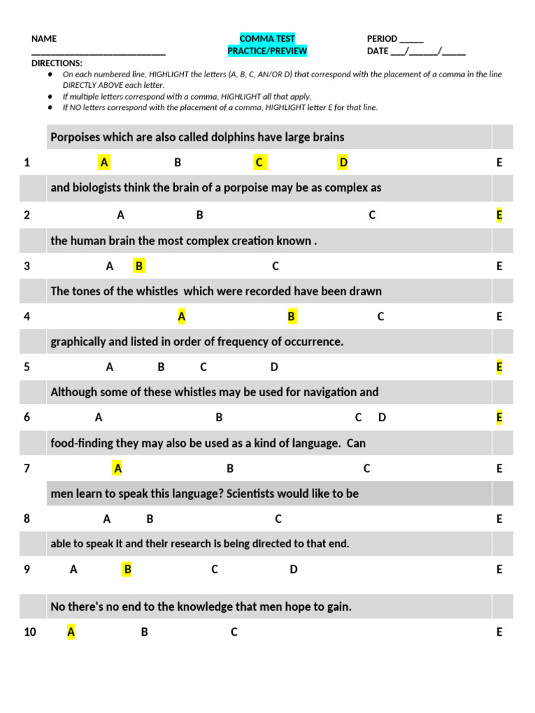 Comma Placement Practice Test | PDF | Zoology