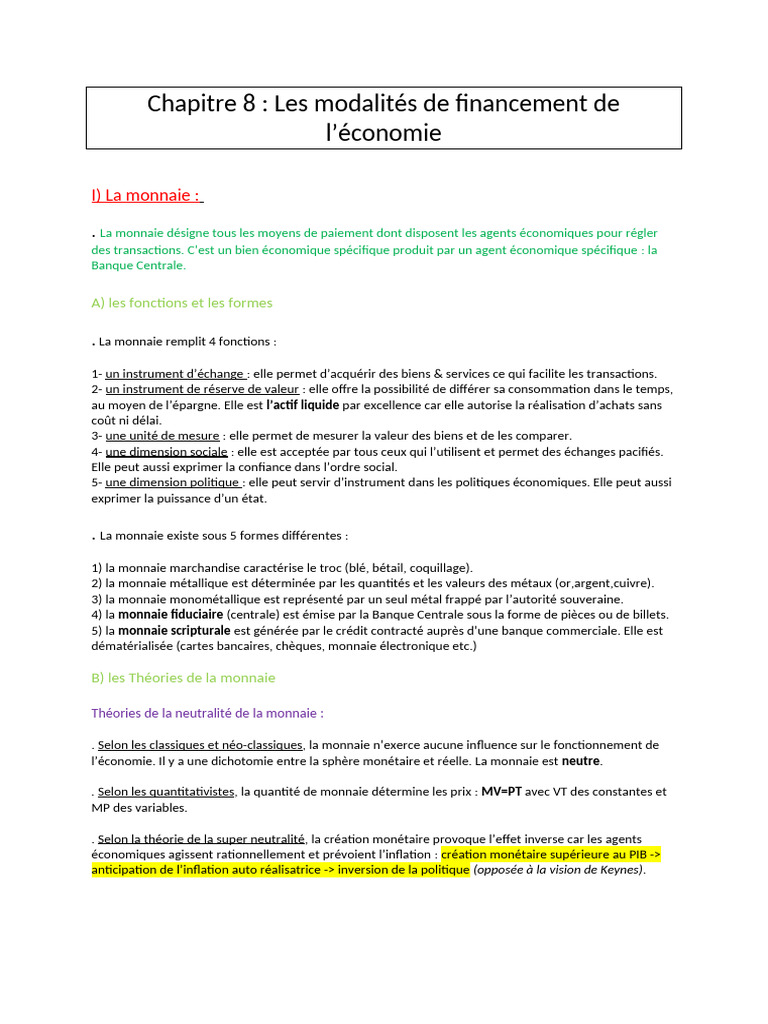 Modalités de financement de l'économie | PDF | Argent | Inflation