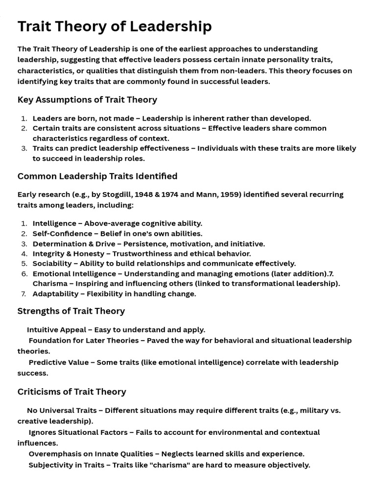 Trait Theory of Leadership Explained | PDF
