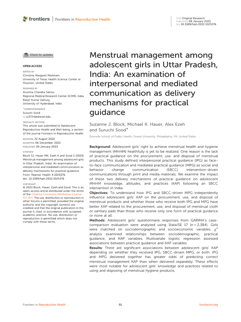 Menstrual Management in Uttar Pradesh Girls | PDF | Menstruation