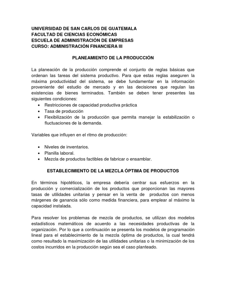 Mezcla Optima de Productos PDF Programación lineal Álgebra