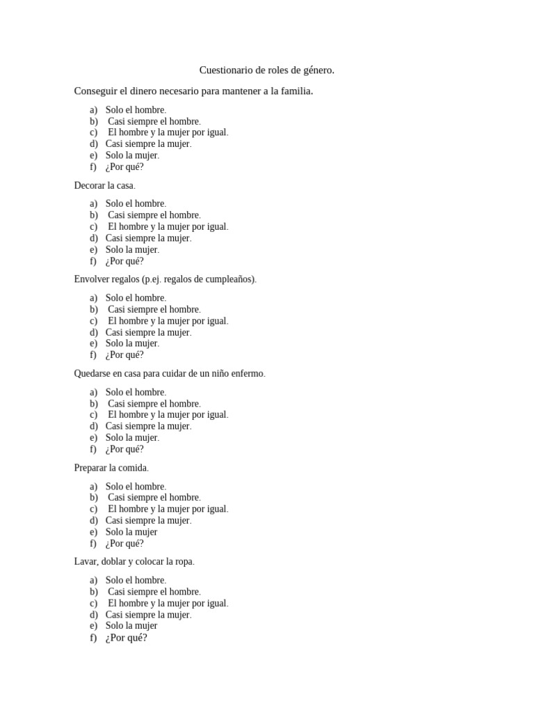 Cuestionario sobre Roles de Género | PDF
