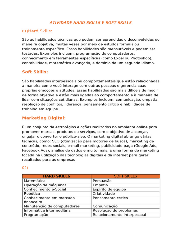 Hard Skills e Soft Skills: Definições e Exemplos | PDF | Marketing ...