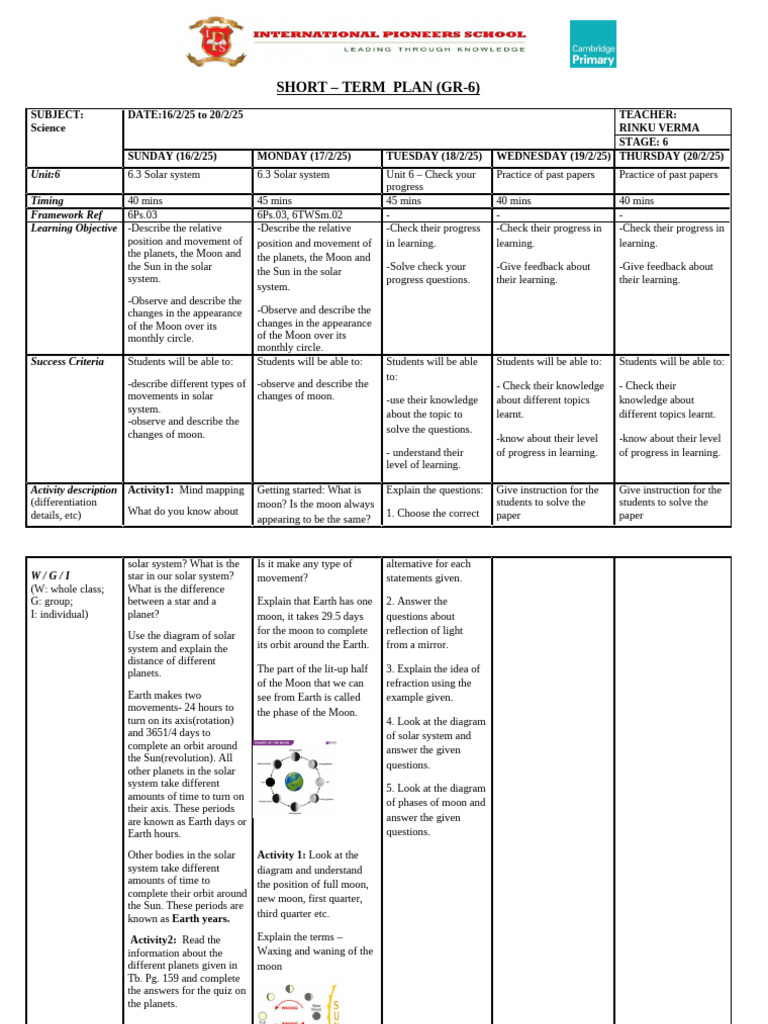 Grade 6 Science Solar System Plan | PDF | Moon | Earth