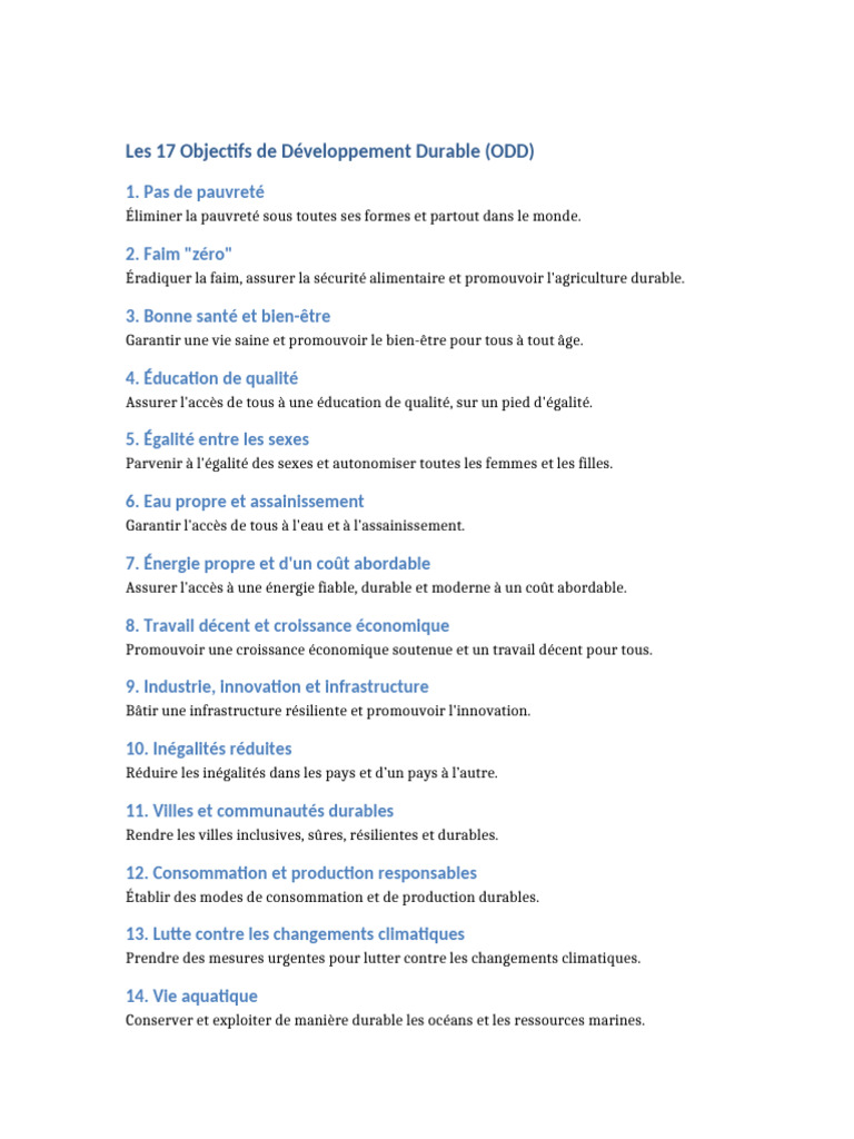 Les 17 Objectifs de Développement Durable | PDF