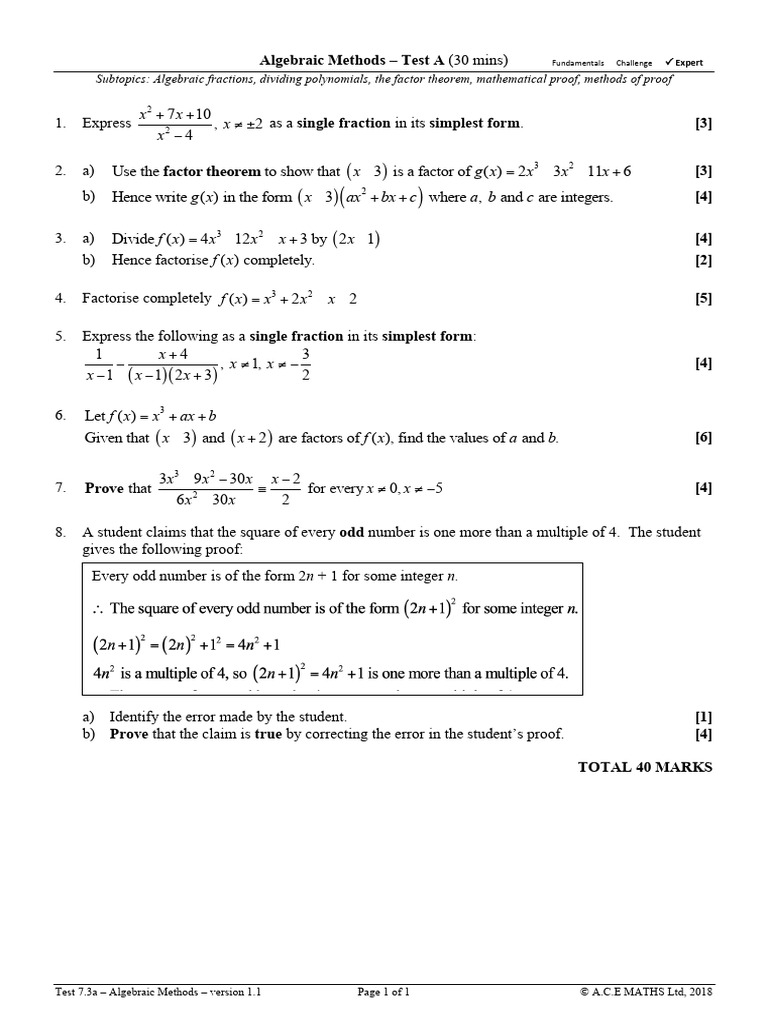 Test 7.3a - Algebraic Methods | PDF | Factorization | Mathematical Proof