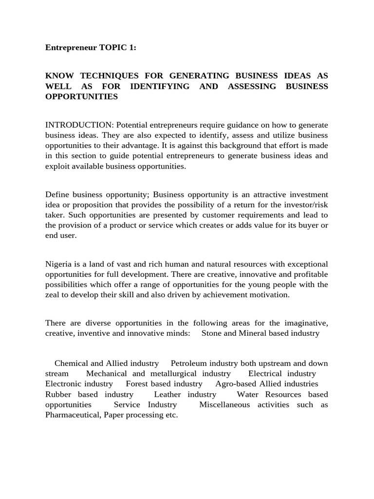 Generating and Assessing Business Ideas | PDF | Product (Business ...