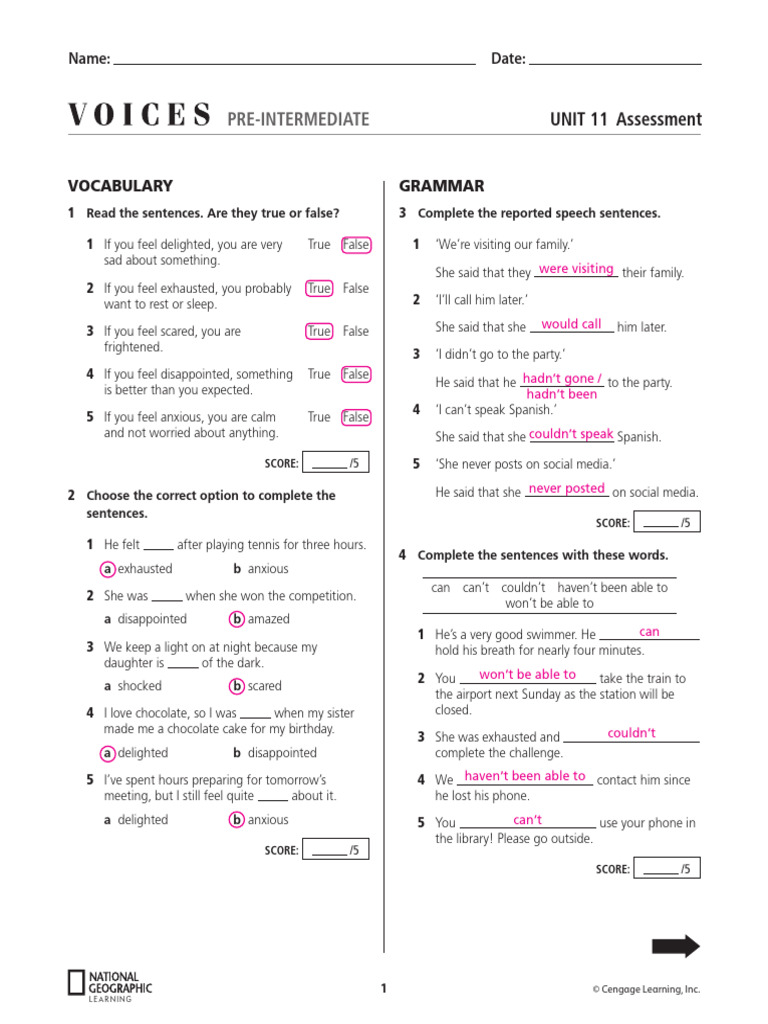 Voices Pre-Int U11 Test Answer Key | PDF