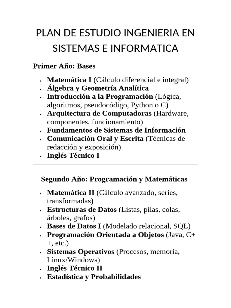 PLAN DE ESTUDIOS INGENIERIA EN SISTEMAS E INFORMATICA | PDF