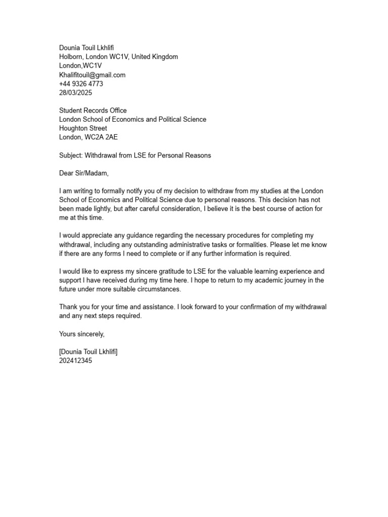 LSE Withdrawal Letter for Personal Reasons | PDF