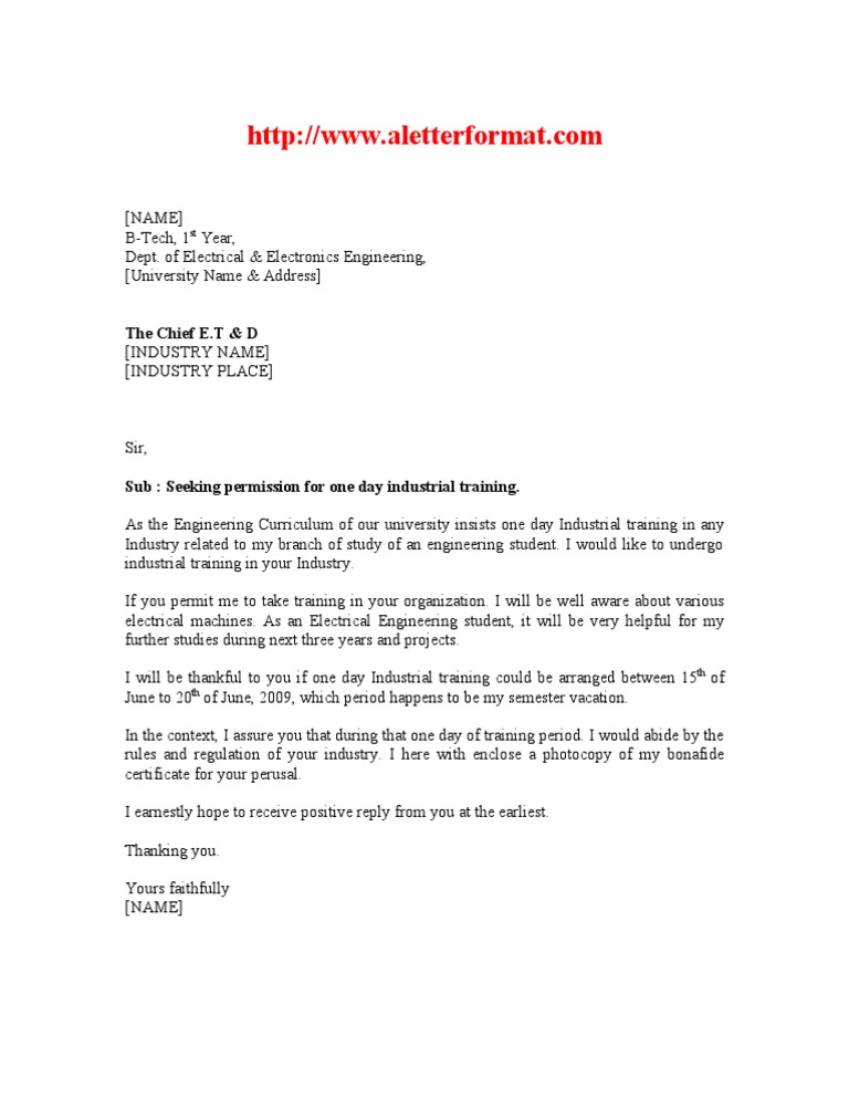 application letter format for industrial training