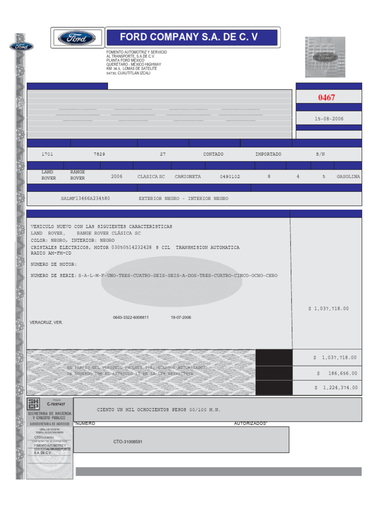 Factura de Venta de Vehículo Importado | PDF | Vehículo de motor | Coche