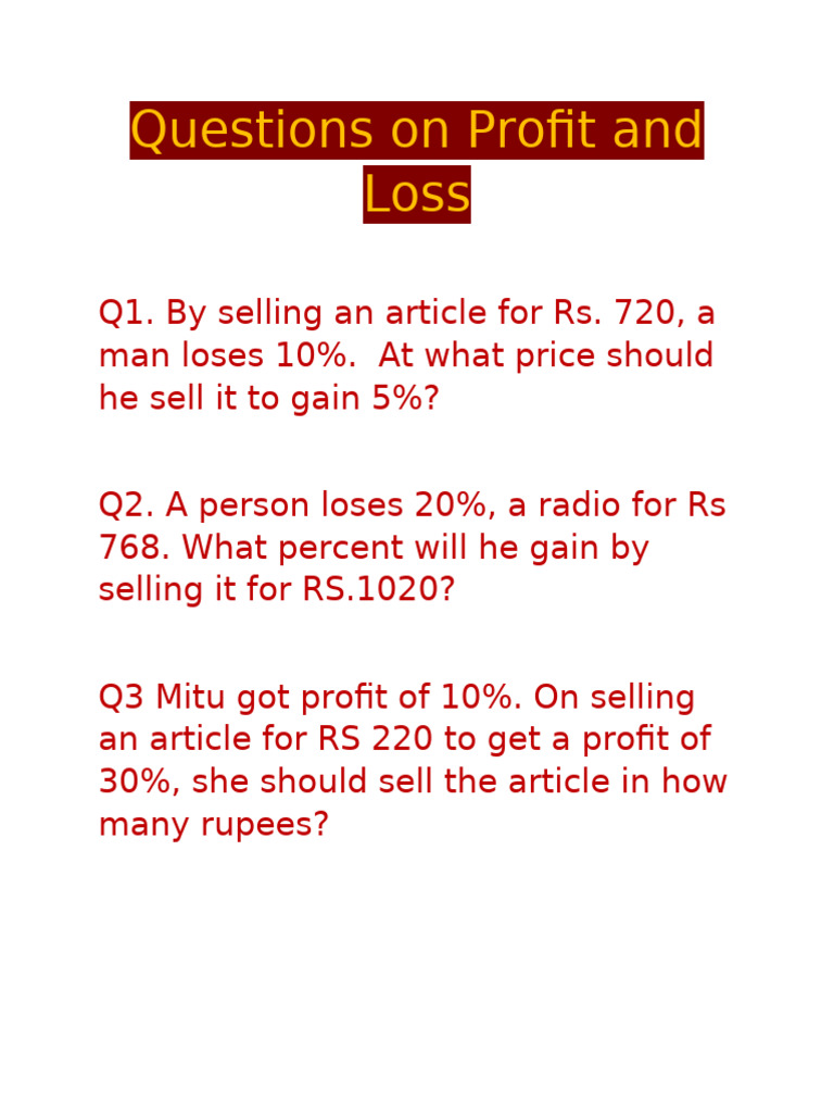 Profit and Loss Practice Questions | PDF