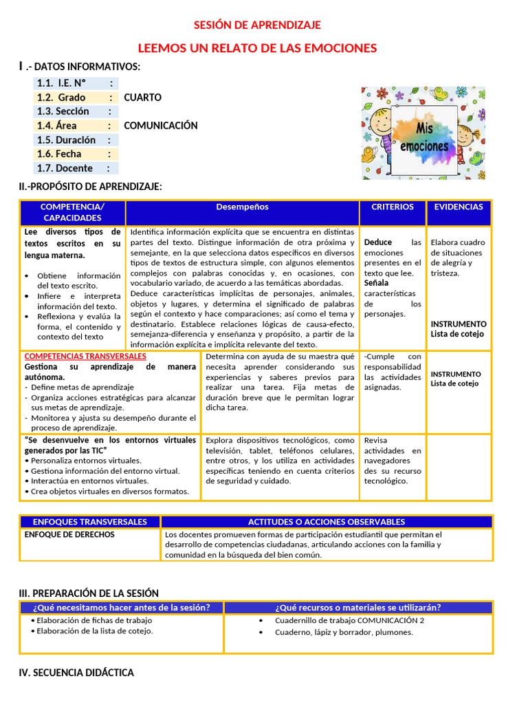 Relato de emociones para cuarto grado | PDF | Aprendizaje | Las emociones