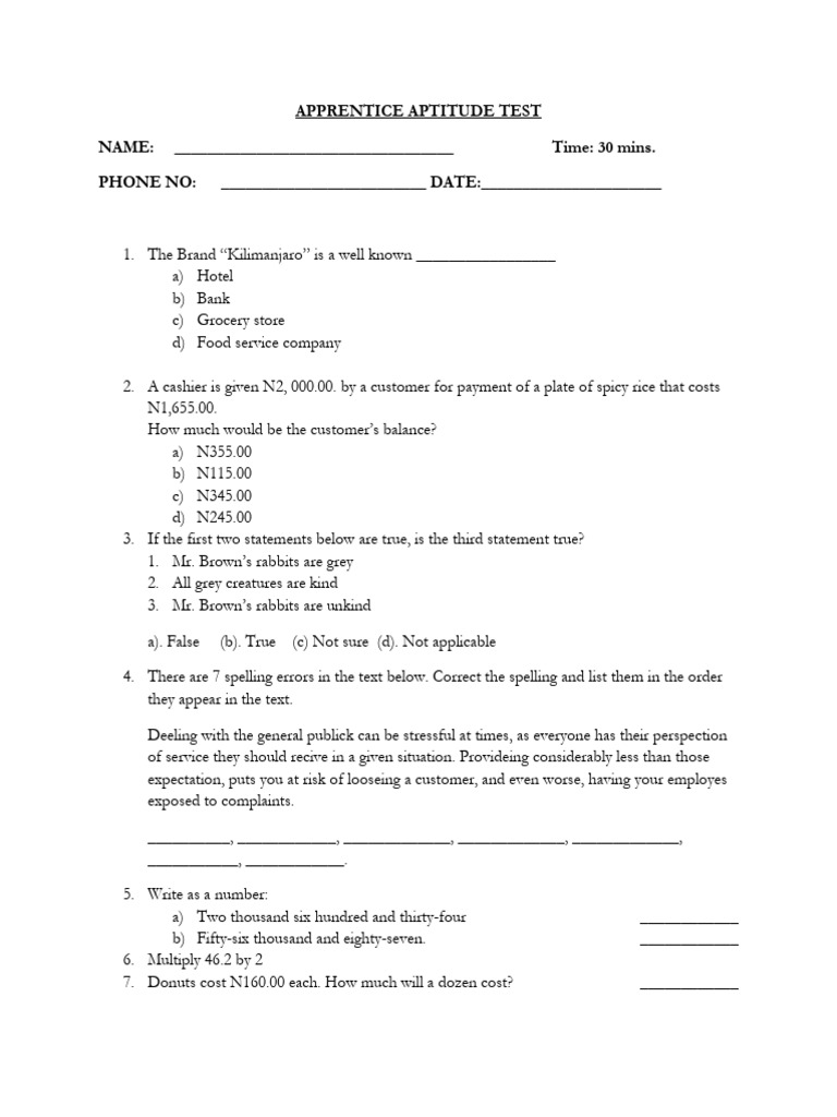 Apprentice Aptitude Test Questions | PDF