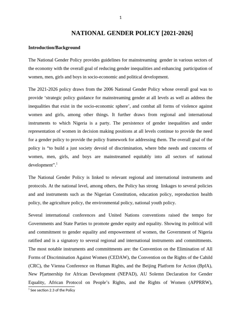 Nigeria National Gender Policy 2021-2026 | PDF | Policy | Gender Equality