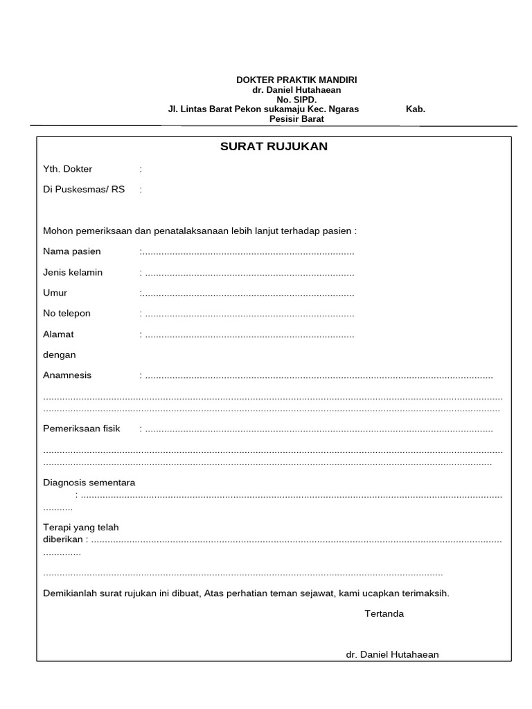 Surat Rujukan Pasien dr. Daniel Hutahaean | PDF