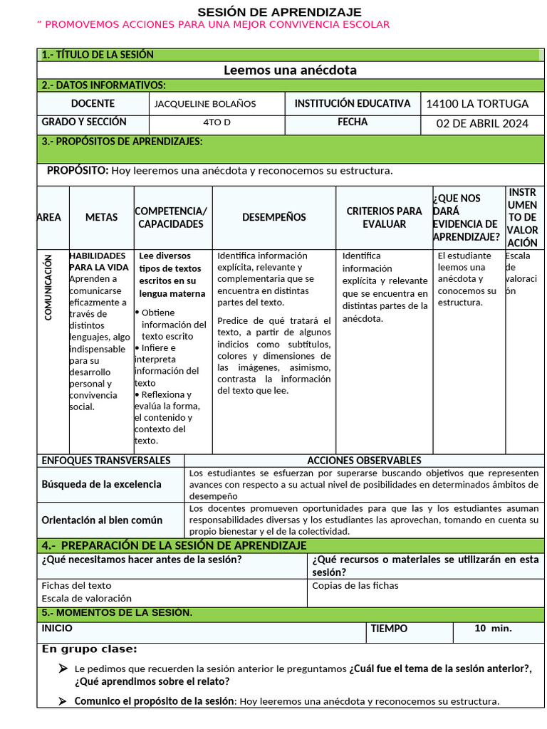 Lectura de Anécdotas en Convivencia Escolar | PDF | Aprendizaje ...